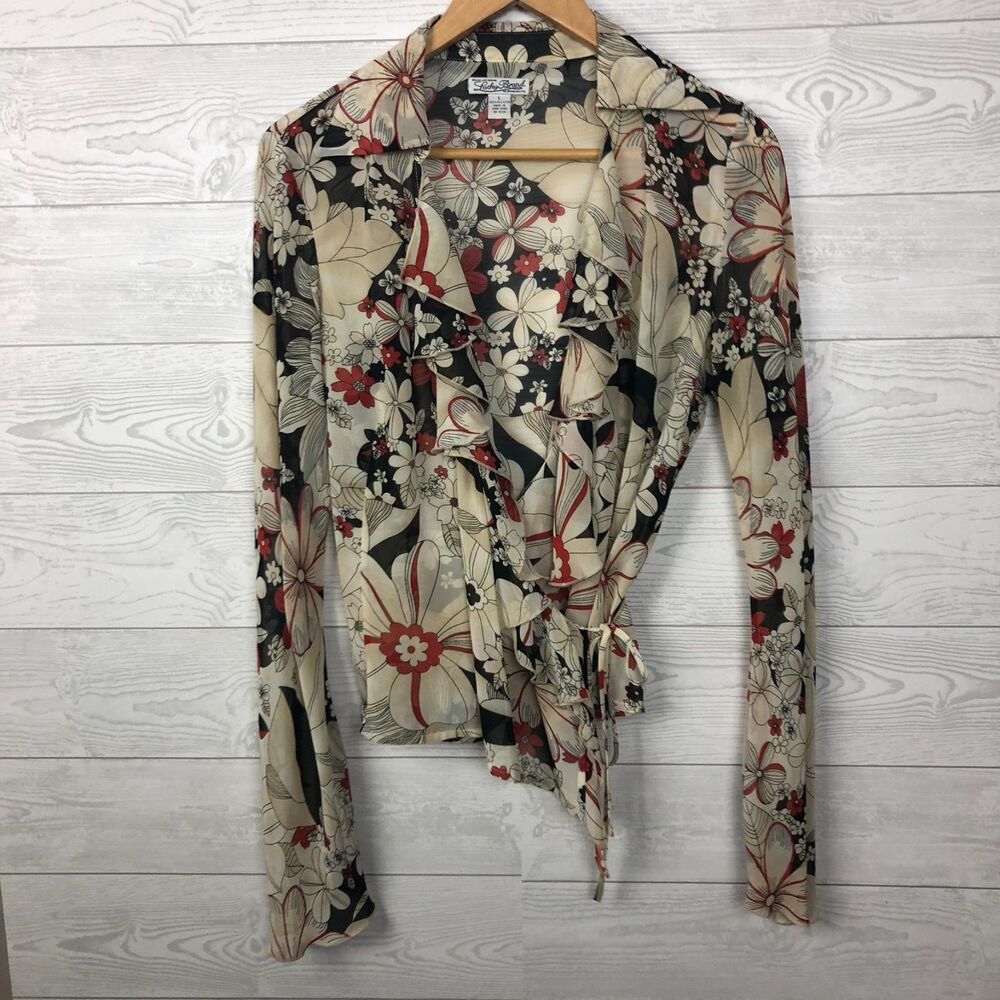 Lucky Brand Women's Large Floral Print Wrap Blouse Long Sleeve Collared Shirt